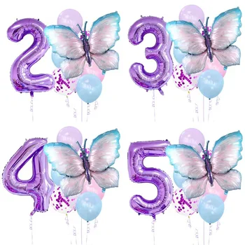10 упаковок светло-фиолетовых воздушных шаров-бабочек из фольги, набор воздушных шаров с номерами 0-9, Круглые воздушные шары, украшения для детского душа на день рождения для девочек