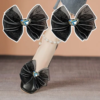 2 предмета, черные заколки для обуви с бантом из тюля в форме сердца, Аксессуары для обуви со стразами, модный декор обуви, Съемная пряжка для туфель-лодочек