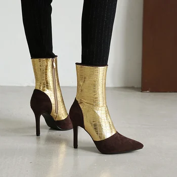 2021, Новые модные Осенне-весенние женские ботинки до середины икры, женские сексуальные сапоги на молнии на тонком высоком каблуке Золотисто-серебристого цвета с острым носком.