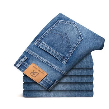 2023 Весенние Новые мужские синие стрейчевые облегающие деловые джинсы с противоугонной застежкой-молнией, джинсовые брюки обычной посадки, мужская брендовая одежда