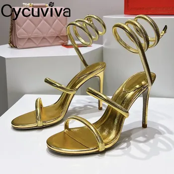 2023 Летние дизайнерские брендовые золотые босоножки на высоком каблуке, женские модельные туфли с открытым носком и змеиным покровом, сексуальные женские туфли для подиума и вечеринки