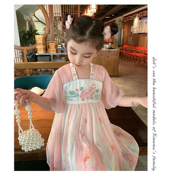 2023 Лето, Новое Старинное платье в китайском стиле, Шифоновая юбка Hanfu с вышивкой для девочек, платье с коротким рукавом, Летнее платье для девочек, одежда