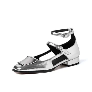 2023 Модные женские туфли-лодочки на каблуках Мэри Джейн С массивными ремешками Черного, серебристого цвета На каблуках с квадратным носком, милые женские туфли-лодочки в стиле Лолиты