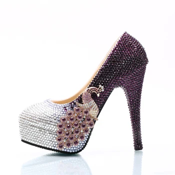 2023 Фиолетовые и серебряные туфли на высоком каблуке со стразами, свадебные вечерние туфли-лодочки, свадебные вечерние туфли, туфли-лодочки для выпускного вечера Золушки, большие размеры