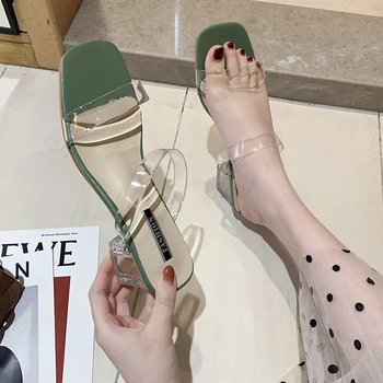 35-43; Женская обувь Большого размера На массивном каблуке; Прозрачные Босоножки-шлепанцы с кристаллами На каблуке; Модная Повседневная обувь на среднем каблуке В сказочном стиле