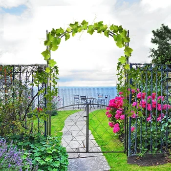 85-дюймовая металлическая садовая беседка с воротами, наружная стальная арка с завитками для вьющихся лоз, колонны, монтируемые на землю