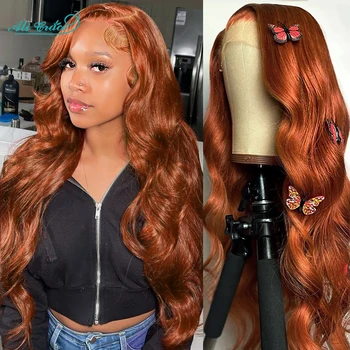 Ali Grace, Оранжево-имбирно-коричневый Объемный волнистый парик из человеческих волос, Бразильский парик из натуральных волос 13x4, Красно-коричневый, Предварительно выщипанный