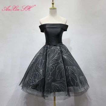 AnXin SH princess, черное атласное кружево с блестящими цветами, винтажное вечернее платье с вырезом лодочкой, короткое вечернее платье на шнуровке, маленькое черное платье
