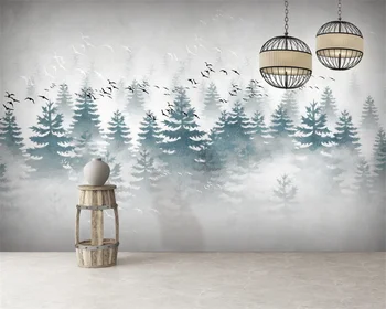 beibehang Новый современный новый китайский стиль сосновый лес облако туман птица телевизор диван фон настенная роспись обои из папье-маше