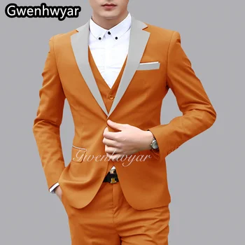 Gwenhwyar, Новый оранжевый мужской костюм из 3 предметов, модный мужской бутик, блестящий Серый атласный свадебный костюм жениха с отворотами