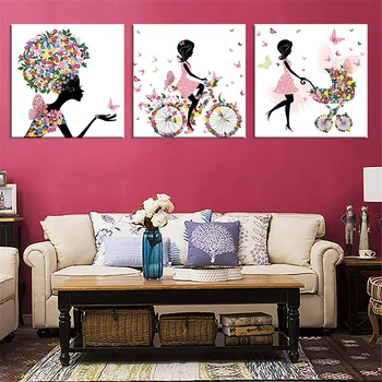 HAOCHU 3 шт. /компл. Красочная Современная девушка с цветочным рисунком бабочки, Велосипедное платье, Любовный плакат, Украшение гостиной, Картина из спрея на холсте