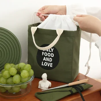 Ins Fashion Bento Bag, Простая сумка для ланча на шнурке с буквами, холщовые водонепроницаемые износостойкие сумки для пикника для девочек