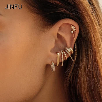 JINFU Позолоченные серьги-кольца-гвоздики для женщин, Модные серьги-цепочки с фианитами, 2023, Женские ювелирные изделия Оптом