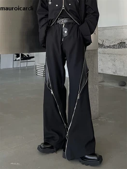 Mauroicardi Весна-осень, крутые Длинные Свободные Мужские брюки в стиле пэчворк из искусственной кожи со множеством молний, роскошная дизайнерская одежда 2023