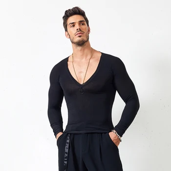 NY22 20609, мужская рубашка для латиноамериканских танцев с V-образным вырезом, мужская танцевальная футболка, Одежда для бальных танцев, топы для профессиональных соревнований, танцевальная одежда