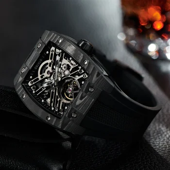 OBLVLO Оригинальные черные мужские автоматические механические часы Sport Skeleton, светящийся винный бочонок, корпус из углеродного волокна, резиновый ремешок EM-ST