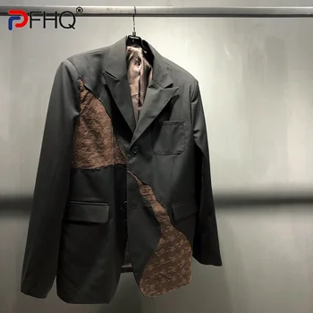 PFHQ Изношенный Винтажный Лоскутный Нишевый Дизайн Мужской Костюм Пальто Высокого Качества Лето 2023 Элегантная Модная Куртка Стильный Оригинальный Новый