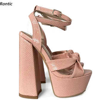 Rontic Горячие женские босоножки ручной работы на платформе с ремешком на щиколотке, на блочном каблуке с открытым носком, великолепные розовые модельные туфли, размер США 5-15