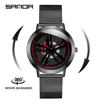 SANDA P1009 Новые модные Автомобильные часы со светящейся втулкой на ободе колеса, мужские Спортивные кварцевые наручные часы, Роскошные Часы на ремне из нержавеющей стали