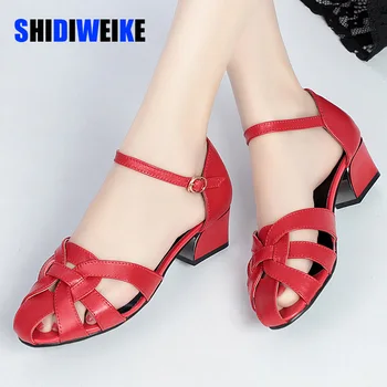 SDWK Женские кожаные сандалии 4,5 см, черные туфли на высоком каблуке с ремешком и пряжкой, Женские повседневные Красные Удобные Летние Туфли на шпильке для офиса