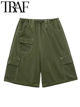 TRAF Summer Y2K Модные женские повседневные шорты с карманами и эластичным шнурком, широкие женские короткие брюки с талией Миди, Зеленый уличный стиль