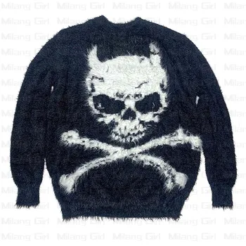 Y2K Harajuku винтажный вязаный свитер с черепом Демона мужской зимний негабаритный мужской рок хип хоп рэп пуловер женский джемпер уродливый свитер 