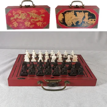 Антикварная портативная шахматная коробка, Международный шахматный набор, Трехмерная терракотовая армейская шахматная фигура, Деревянная складная шахматная доска