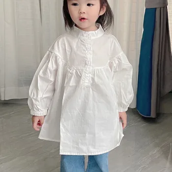 Блузка для маленьких девочек, детские топы, Весенне-осеннее тонкое платье для маленьких девочек, детская одежда для младенцев 80 ~ 130 Белого цвета с длинным рукавом