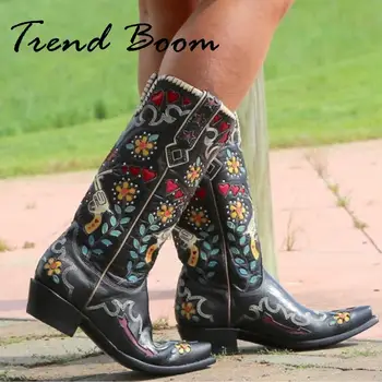 Большие размеры 34-43, ковбойские сапоги в западном стиле с вышивкой, женские сапоги до колена в стиле ретро на массивном каблуке, осенне-зимние женские модельные туфли с высоким берцем