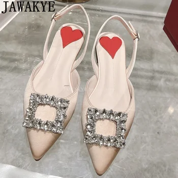 Босоножки на плоской подошве с острым носком и кристаллами, женские летние брендовые модельные туфли, Женские роскошные Пикантные вечерние туфли для невесты Zapatos Mujer