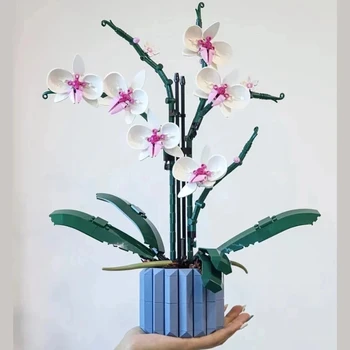 Букет из блоков орхидей, цветочные суккуленты, строительные блоки в горшках, подходящие для романтического набора, сборка строительной игрушки, подарок на День Святого Валентина