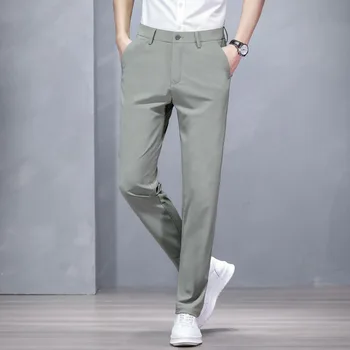 Весенне-летние мужские повседневные брюки из молочного шелка цвета хаки, модные прямые брюки из молочного шелка