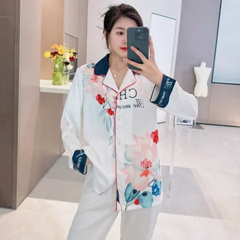 Весенне-летняя пижама из ледяного шелка 2023 года, высококачественная одежда для отдыха с принтом, брюки с длинными рукавами. Женская тонкая пижама для женщин