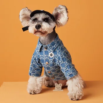 Весенний новый модный тренд, джинсовая рубашка в клетку для домашних животных, одежда для щенков мальтийского шнауцера, одежда для домашних собак, рубашка для домашних собак