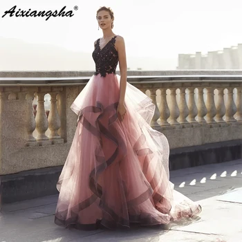 Вечернее платье принцессы Aixiangsha с V-образным вырезом, Прозрачный лиф, украшенный блестящими бусинами, Нежное цветочное кружево, пышная юбка с рюшами