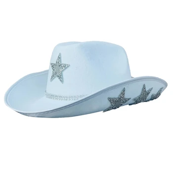 Винтажная фетровая шляпа, женские мужские фетровые женские ковбойские шляпы, вечерние шляпы в стиле Вестерн со стразами и звездами, мужская шляпа для косплея