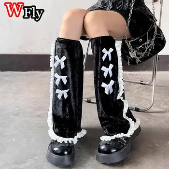 Гетры, грелки для ног, женские носки y2k black Gothic Harajuku с бархатным бантом до середины икры, весенние и осенние носки, широкие носки