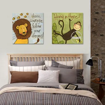 Декор детской спальни Картина маслом с изображением обезьяны и Льва с мультяшными животными, ручная роспись, большой холст, настенное искусство, экспонаты для детского подарка