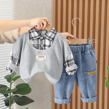 Детская одежда из бутика, весенне-осенние повседневные футболки в клетку и стиле пэчворк с отложным воротником и длинными рукавами и джинсы, комплект одежды для маленьких мальчиков