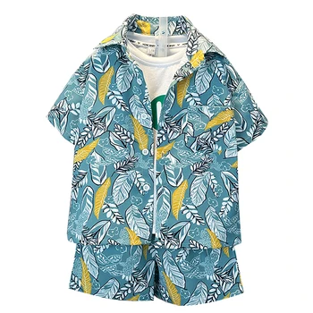 Детская одежда с рисунком листьев, блузка для мальчиков + короткие комплекты для мальчиков, детские летние спортивные костюмы в повседневном стиле