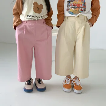 Детские брюки, весна 2023, новые Корейские однотонные повседневные прямые брюки для девочек, Шесть цветов, свободные широкие брюки для мальчиков