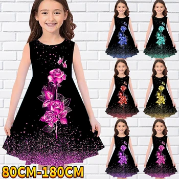 Детское платье без рукавов для маленьких девочек, платье для девочек с 3D цветочным принтом, повседневное Милое милое платье выше колена без рукавов 80-180 см