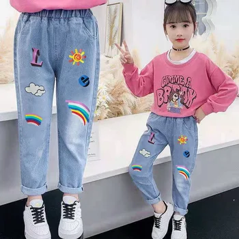 Джинсы для девочек Детская хлопчатобумажная одежда Детские джинсовые брюки с эластичным поясом с радужным принтом 2023 Весна от 3 до 12 лет подростковые брюки