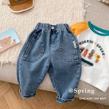 Джинсы для мальчиков 0-6 лет, весенние Корейские детские однотонные брюки-карго, брюки в повседневном стиле для малышей, брюки с карманами 2023 года выпуска
