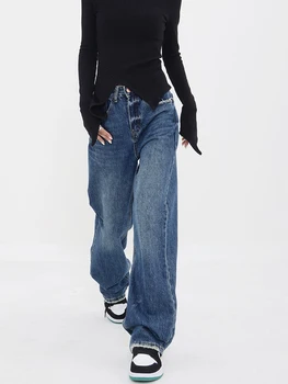 Джинсы для мамы с прямыми карманами в американском стиле в стиле пэчворк, джинсы-бойфренды с высокой талией для женщин, Винтажные джинсовые брюки Корейского шика