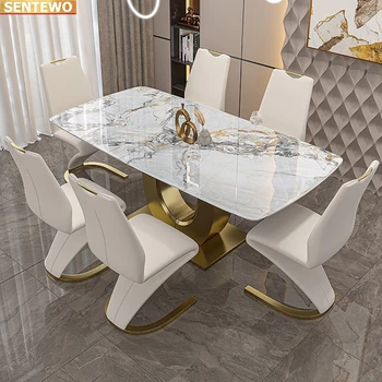 Дизайнерская роскошная столовая, обеденный стол из мраморной плиты, 8 стульев, мебель mesa eettafel, мрамор, нержавеющая сталь, золотое основание