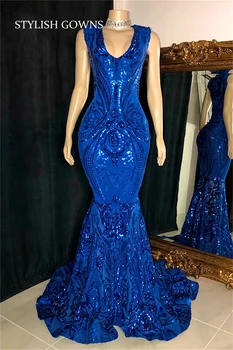 Длинное выпускное платье королевского синего цвета в виде сердца для чернокожих девочек, платья для дня рождения с блестками, вечернее платье Русалки, Robe De Bal