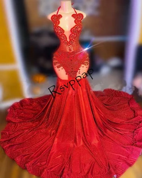 Длинные Красные платья для выпускного вечера 2023 Сексуальный Топ из прозрачной сетки, Бусины ручной работы, Блестящие женские вечерние платья-русалки со Стразами на бретелях