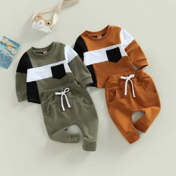 Для Новорожденных мальчиков, весенне-осенняя одежда из 2 предметов, топы в стиле пэчворк с длинными рукавами и брюки с карманами, комплект от 0 до 3 лет