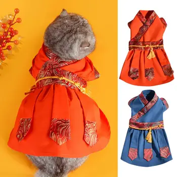 Домашнее платье для кошки Одежда для домашних животных Лента для крепления одежды для домашних животных Китайский винтажный пояс с кисточками и вышивкой Платье с длинными рукавами